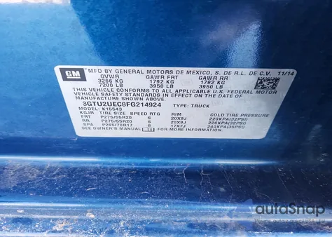 2015 GMC Sierra K1500 Sle z USA, uszkodzony, nr VIN 3GTU2UEC8FG214924